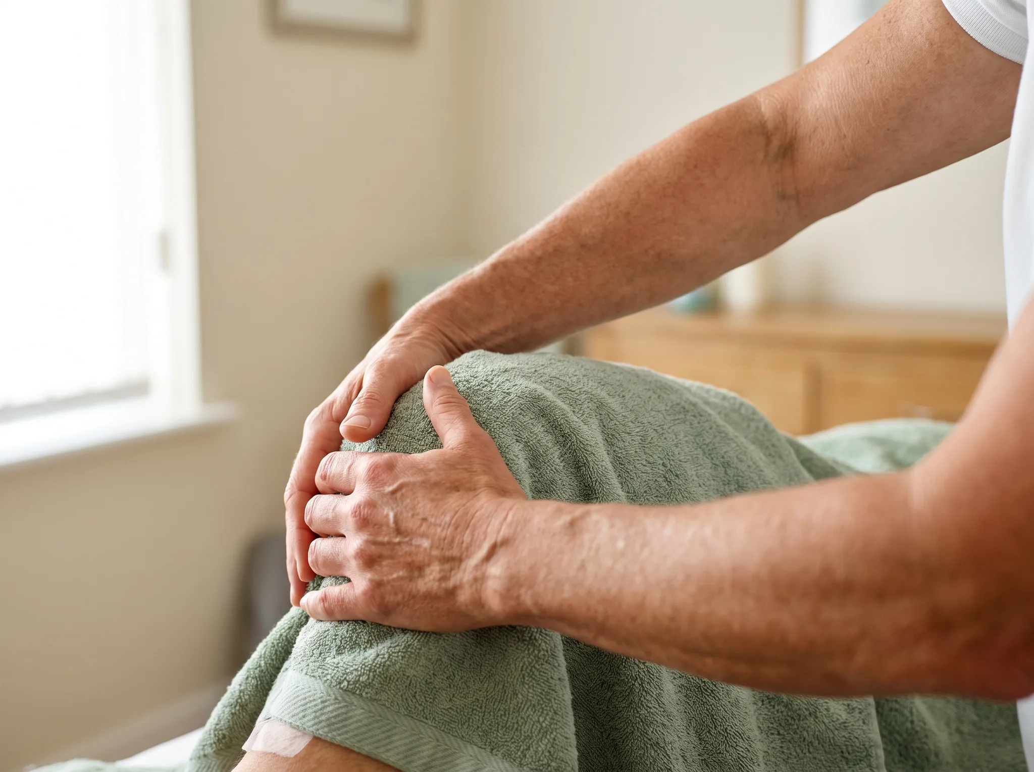 Close-up of a physiotherapist's hands treating a patient's shoulder