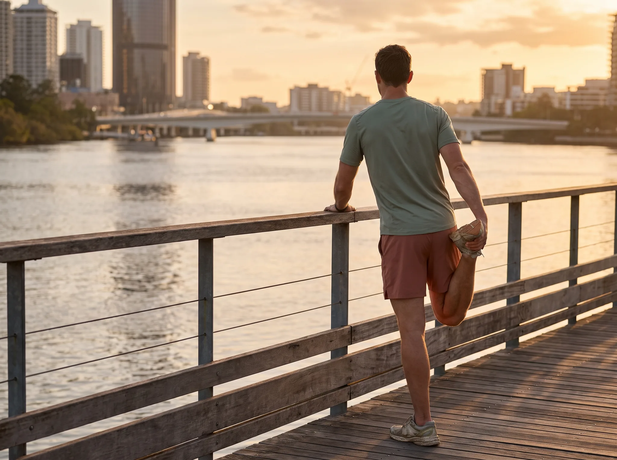 A runner stretches at sunrise on the Brisbane river boardwalk